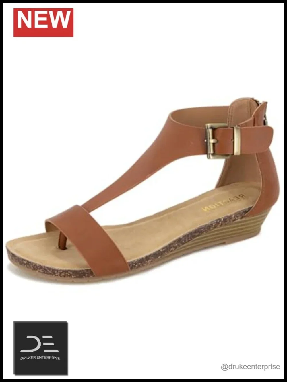 T-Strap Wedge Sandal w/ Ortholite Cushion, Stacked Heel, Open Toe, Faux Leather